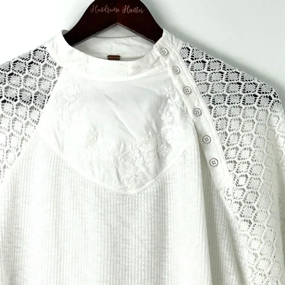 Free‎ People Sweetest Thing White Lace Thermal Top Sz S Boho Long Sleeve 1383R2